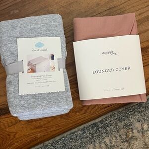 Snuggle Me Lounger Cover in Pink and Cloud Island Changing Pad Cover in Gray